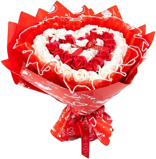 Amore Heart-shaped Floral Bouquet Soap Roses Tulle Pearls Height 45 Cm White Red Amore Heart-shaped Floral Bouquet Soap Roses Tulle Pearls Height 45 Cm White Red
