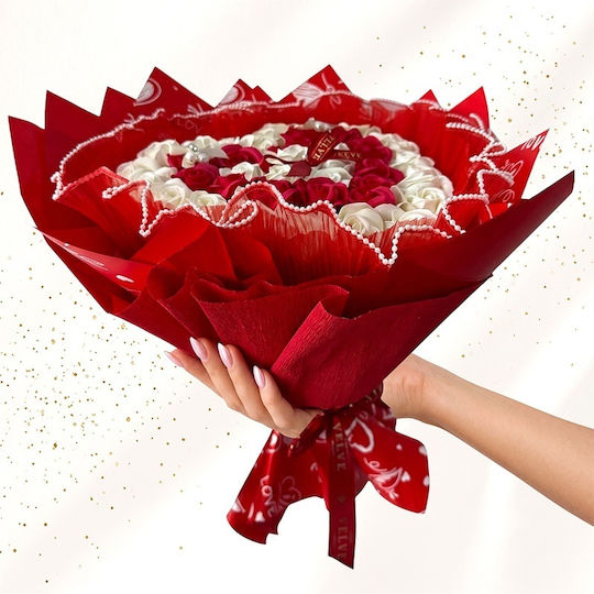 Buchet Floral De Săpun Trandafiri În Formă De Inimă Tulle Perle Înălțime 45 Cm Alb Roșu