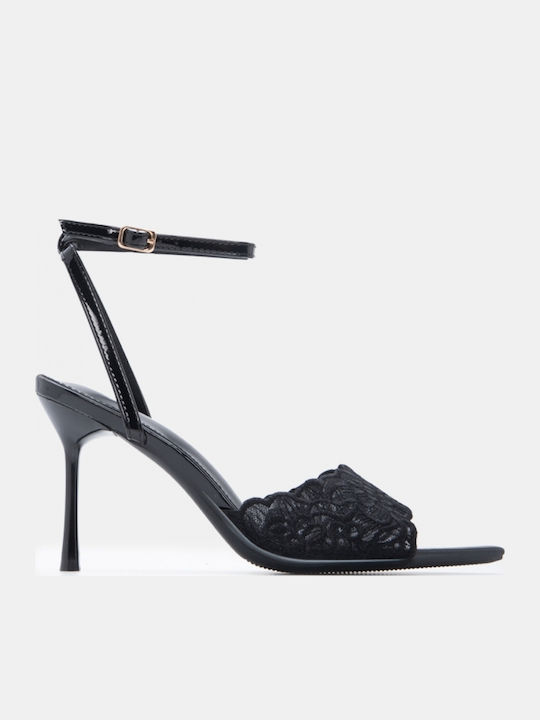 Damen Pantoletten aus Lackleder mit Hoch Absatz in Schwarz Farbe