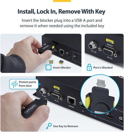Startech Om Usb-a Port Blocker Key 4x Latching Usb-a Dust Cover Plugs Black