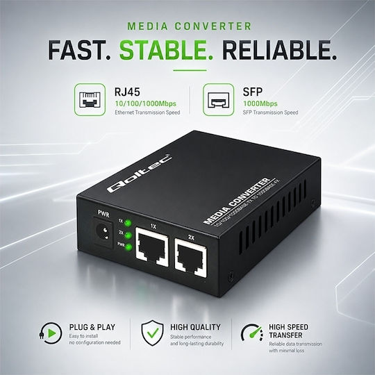 Qoltec Двунаправлен Етернет Медиен Конвертор Суич 2x RJ45 2x SFP 1000 Mb/s 5 V
