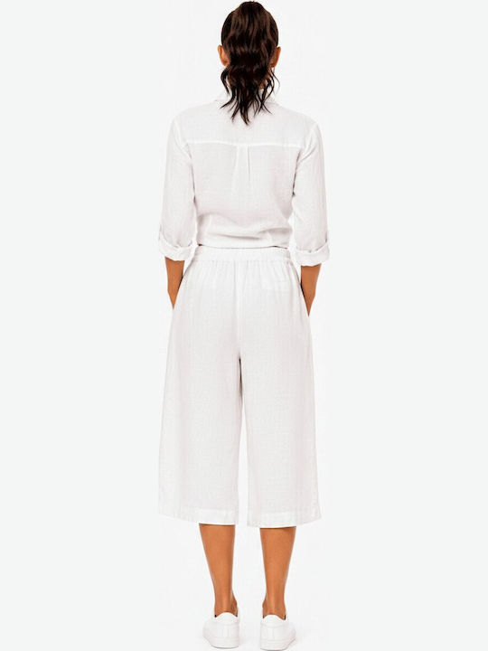 Damen Leinen Capri Hose mit Gummiband in Lose Passform Weiß