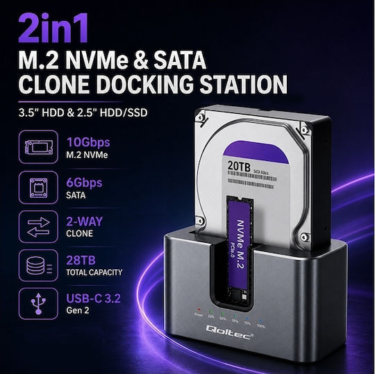 Qoltec 2-in-1 Docking Station Hdd Ssd Sata M.2 Nvme Cloning Usb-c 3.2 Gen 2 10 Gb S 28 Tb Aluminum