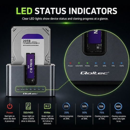 Qoltec 2-in-1 Docking Station Hdd Ssd Sata M.2 Nvme Cloning Usb-c 3.2 Gen 2 10 Gb S 28 Tb Aluminum