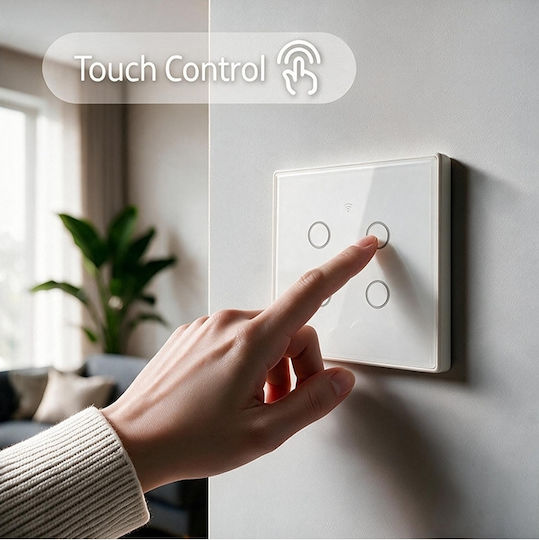 Qoltec Умен сензорен стенен ключ за осветление 4 кръга Wi-fi таймер Tuya Smart Life закалено стъкло бял