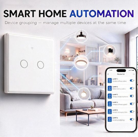 Qoltec Smart Touch Light Switch 2 Circuits Wi-fi Timer Tuya Smart Life Tempered Glass White