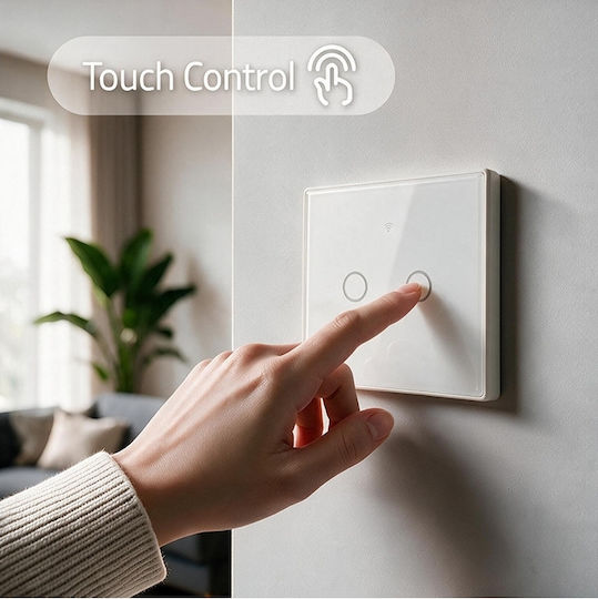 Qoltec Smart Touch Light Switch 2 Circuits Wi-fi Timer Tuya Smart Life Tempered Glass White