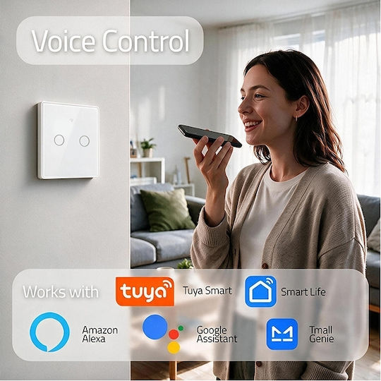 Qoltec Smart Touch Light Switch 2 Circuits Wi-fi Timer Tuya Smart Life Tempered Glass White
