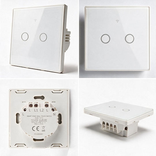 Qoltec Smart Touch Light Switch 2 Circuits Wi-fi Timer Tuya Smart Life Tempered Glass White