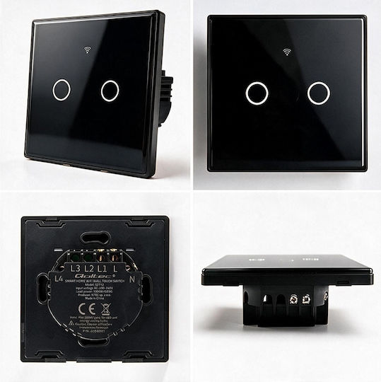Qoltec Smart Touch Light Switch 2 Circuits Wi-fi Timer Tuya Smart Life Tempered Glass Black