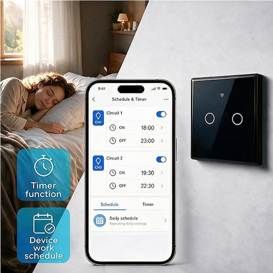 Qoltec Smart Touch Light Switch 2 Circuits Wi-fi Timer Tuya Smart Life Tempered Glass Black