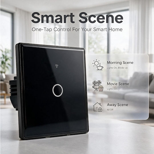 Qoltec Smart Touch Light Switch 1 Position Wi-fi Timer Tuya Smart Life Tempered Glass Black