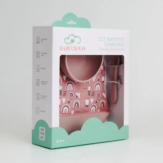 Baby Cloud Σετ Φαγητού Ουράνιο Τόξο από Σιλικόνη με Αντιολισθητική Βάση Ροζ 4τμχ