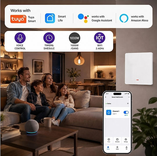 Qoltec Smart Light Switch 1 Position Wi-fi Timer Tuya Smart Life White