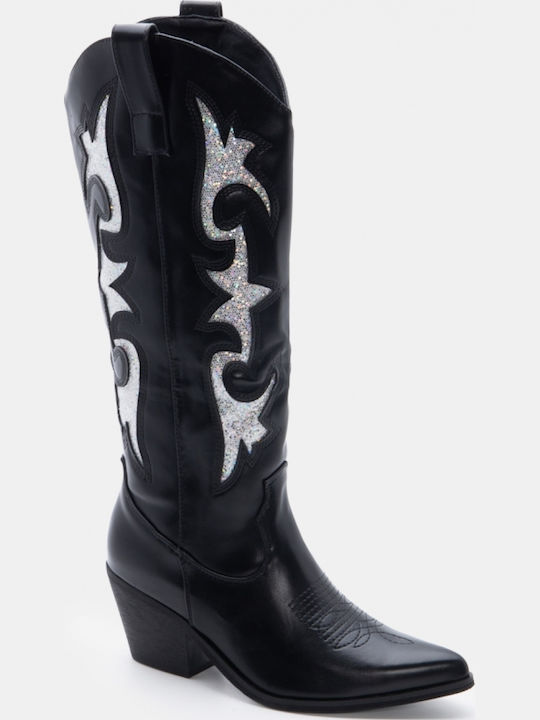Suede Women's Boots Cowboy with Mid Heel Black