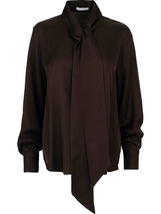 Long Sleeve Women's Satin Shirt Dark Brown