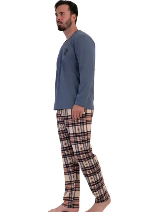 Vienetta Secret Pijama de Iarnă în Carouri pentru Bărbați din Bumbac Albastră