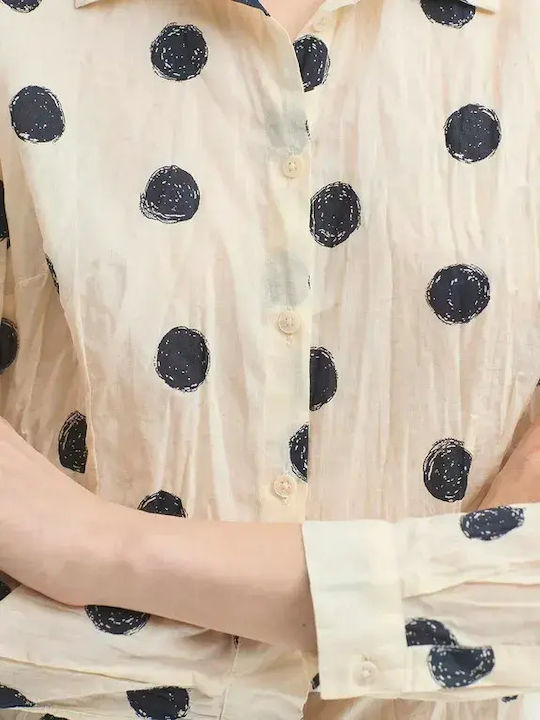 Long Sleeve Women's Cotton Shirt Green Polka Dot