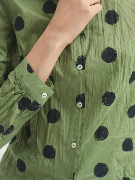 Long Sleeve Women's Cotton Shirt Green Polka Dot
