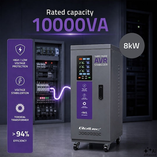 Dreiphasiger Spannungsregler Qoltec Avr Multiprotection 10 Kva Genauigkeit ± 3% Dreiphasiger Servomotor LCD Bildschirm