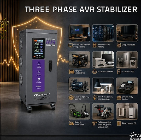 Dreiphasiger Spannungsregler Qoltec Avr Multiprotection 10 Kva Genauigkeit ± 3% Dreiphasiger Servomotor LCD Bildschirm