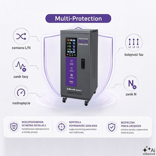 Dreiphasiger Spannungsregler Qoltec Avr Multiprotection 10 Kva Genauigkeit ± 3% Dreiphasiger Servomotor LCD Bildschirm