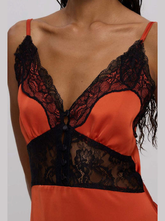 Summer Maxi Evening Slip Dress Satin with Lace & Mesh Burnt Orange