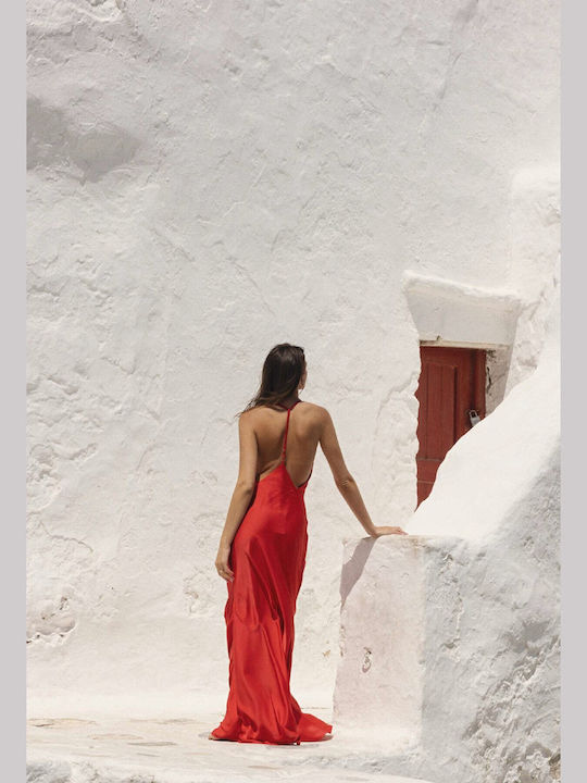 Effie Summer Maxi Evening Dress Slip Dress Satin Open Back Red