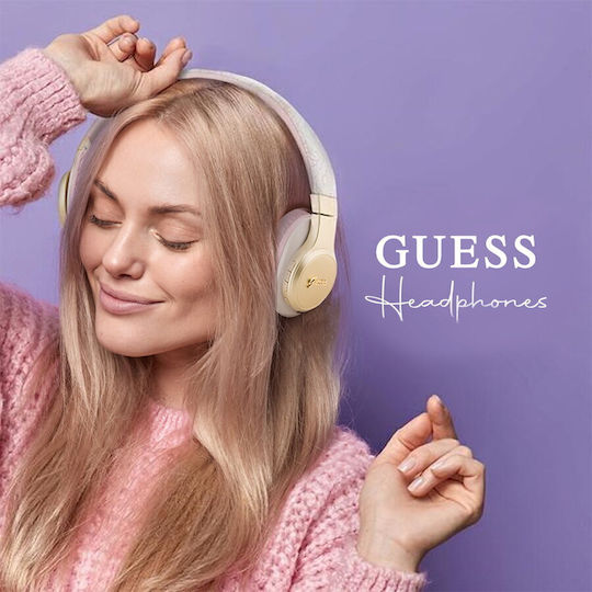 Guess 4G Script Metal Logo Kabellose / Verkabelte Over Ear Kopfhörer mit 32 Stunden Wiedergabezeit und Schnellladung Rosa