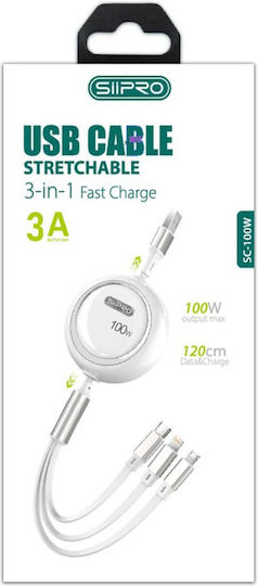 SiiPro Подвижен USB към Lightning / Type-C / micro USB Кабел Бял 1.2м