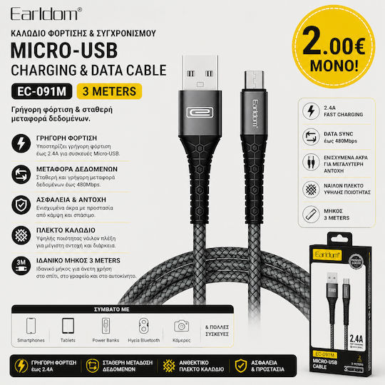 Earldom Braided USB 2.0 to micro USB Cable Μαύρο 1m (EC-091M)