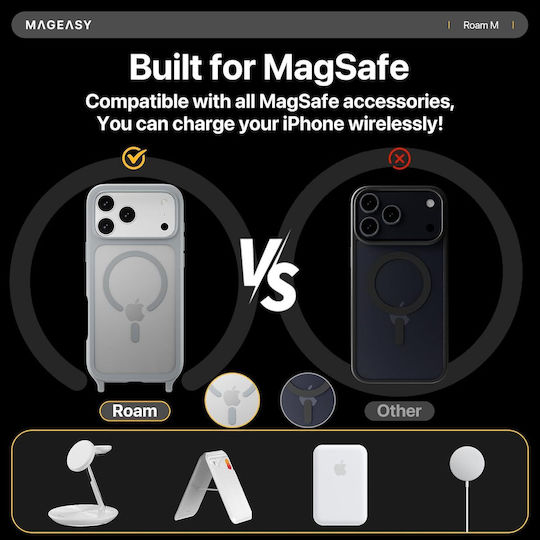 Mageasy Roar M With Lanyard Back Cover Σιλικόνης με Λουράκι Γκρι (iPhone 17 Pro)