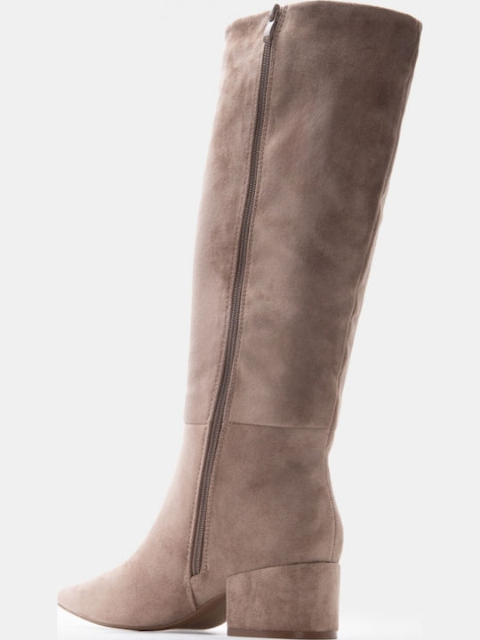 Suede Women's Boots with Mid Heel Beige