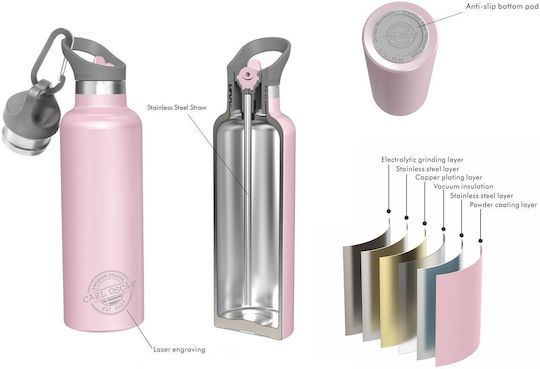 Carl Oscar Stainless Steel Kids Water Bottle Thermos with Straw Non Spill Pink 700ml
