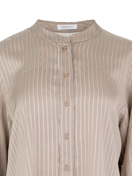 Long Sleeve Women's Satin Shirt Beige Striped