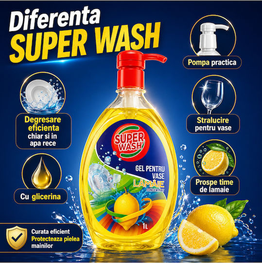 Super Wash Detergent Concentrat Lichid De Spălat Vase Glicerină Lămâie 1 L