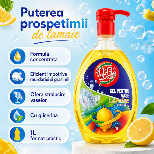 Super Wash Detergent Concentrat Lichid De Spălat Vase Glicerină Lămâie 1 L