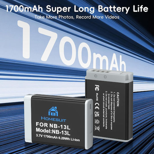 Încărcător Dublu Cu Ecran Lcd Pentru Baterii Set 2 Homesuit Nb-13l 1700 Mah Compatibil Canon Powershot G7x Mark Ii Iii G5x G9x Sx740 Hs Sx720 Hs Sx620 Hs Încărcare Usb Protecție Inteligentă