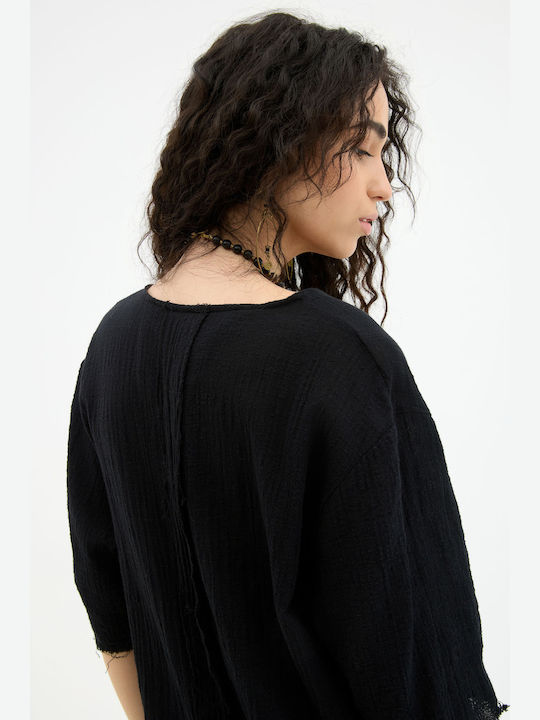 Bluza Damă Bumbac Cu Mânecă 3/4 Neagră