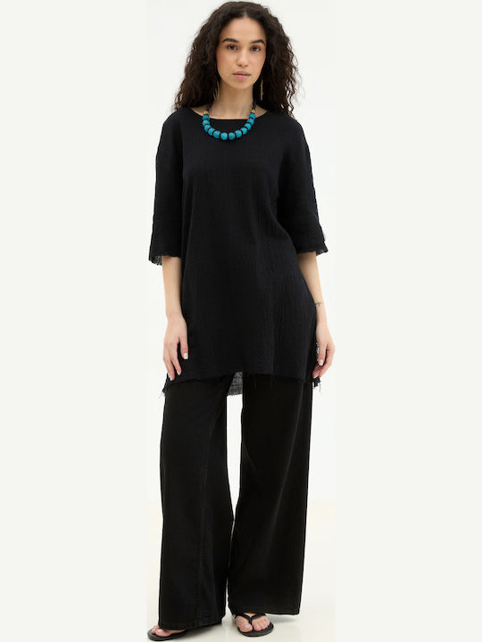 Bluza Damă Bumbac Cu Mânecă 3/4 Neagră