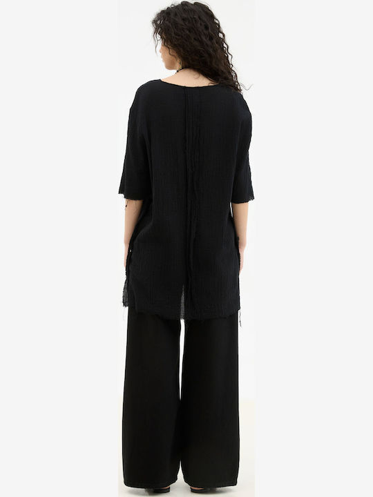 Bluza Damă Bumbac Cu Mânecă 3/4 Neagră