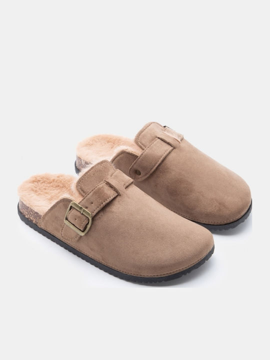 Flat Suede Mules In Beige Colour