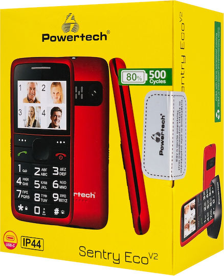 Powertech Sentry Eco Dual SIM Мобилен Телефон с Големи Бутоните (Гръцко Меню) Червен