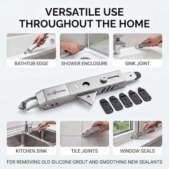 Set De Unelte Thirrni 6-în-1 Cuțit De Glet Din Oțel Inoxidabil Pentru Îndepărtare Și Netezire Capete De Silicon Interchangeabile Cutter Tub De Etanșare Racletă Pentru Baie Bucătărie
