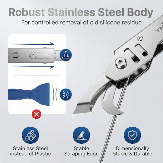 Set De Unelte Thirrni 6-în-1 Cuțit De Glet Din Oțel Inoxidabil Pentru Îndepărtare Și Netezire Capete De Silicon Interchangeabile Cutter Tub De Etanșare Racletă Pentru Baie Bucătărie
