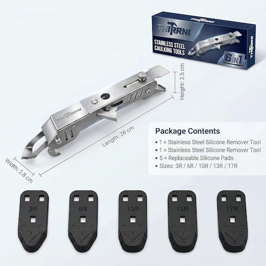 Set De Unelte Thirrni 6-în-1 Cuțit De Glet Din Oțel Inoxidabil Pentru Îndepărtare Și Netezire Capete De Silicon Interchangeabile Cutter Tub De Etanșare Racletă Pentru Baie Bucătărie