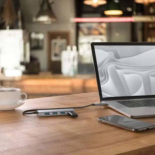 HAMA USB-Hub mit 4 Anschlüssen USB 3.2 mit Anschluss an einen Computer USB-A / USB-C in Grau