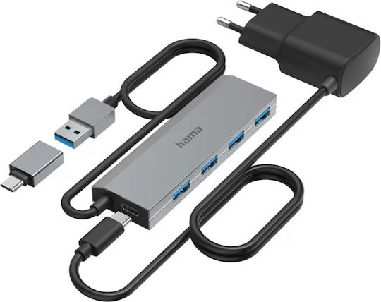 HAMA USB-Hub mit 4 Anschlüssen USB 3.2 mit Anschluss an einen Computer USB-A / USB-C in Grau