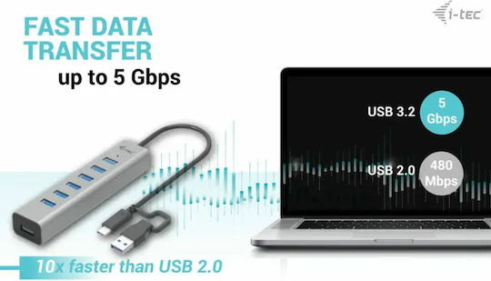 i-tec USB Хъб 7 Порта USB 3.2 с USB-C Връзка Сребрист