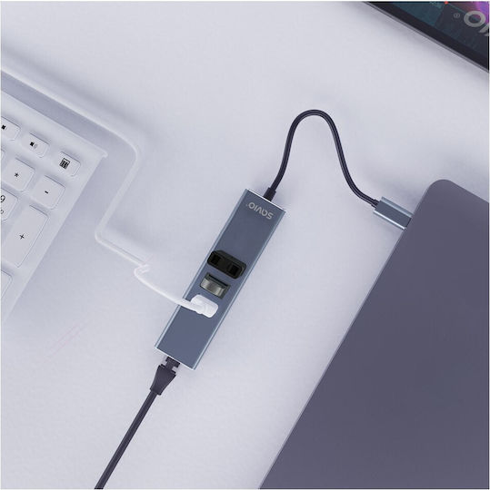 Savio AK-57 Hub USB 3 Porturi USB 3.1 cu Conectare USB-C Ethernet Gri
